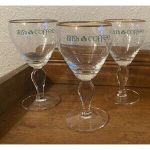Vintage Irish Coffee Glasses Wine Goblets Style Shamrock Gold Rim Set Of 3